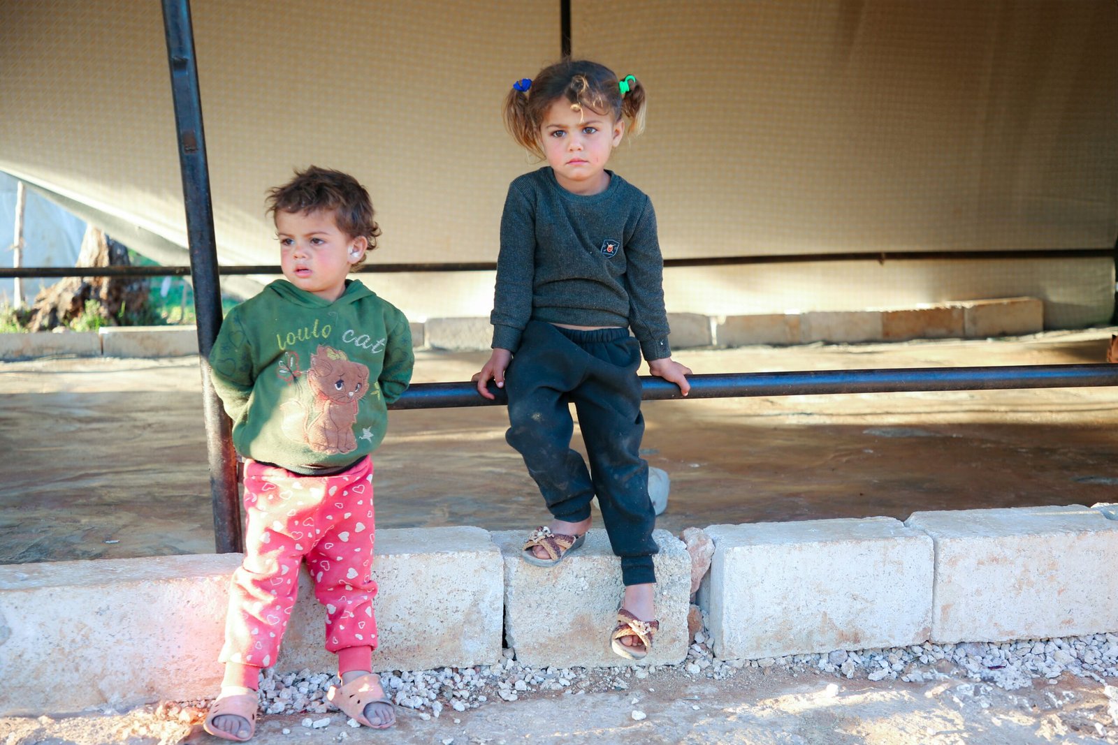 Two small children standing on a ledge in front of a building