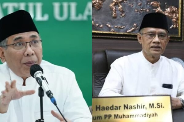 Ketua Umum PBNU, KH Yahya Cholil Staquf dan Ketua Umum PP Muhammadiyah, Haedar Nashir. (Foto: Kolase Ikolom.news)