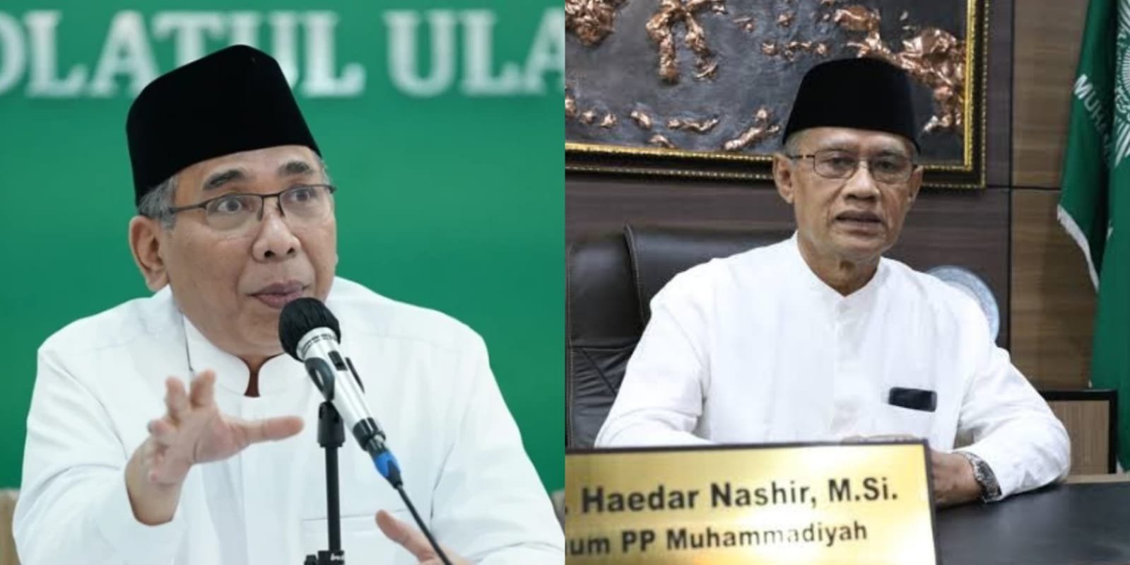 Ketua Umum PBNU, KH Yahya Cholil Staquf dan Ketua Umum PP Muhammadiyah, Haedar Nashir. (Foto: Kolase Ikolom.news)